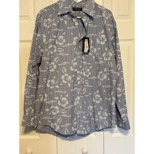 Roundtree & Yorke Striped Long Sleeve Hawaiian Hibiscus Print Dress Shirt Medium